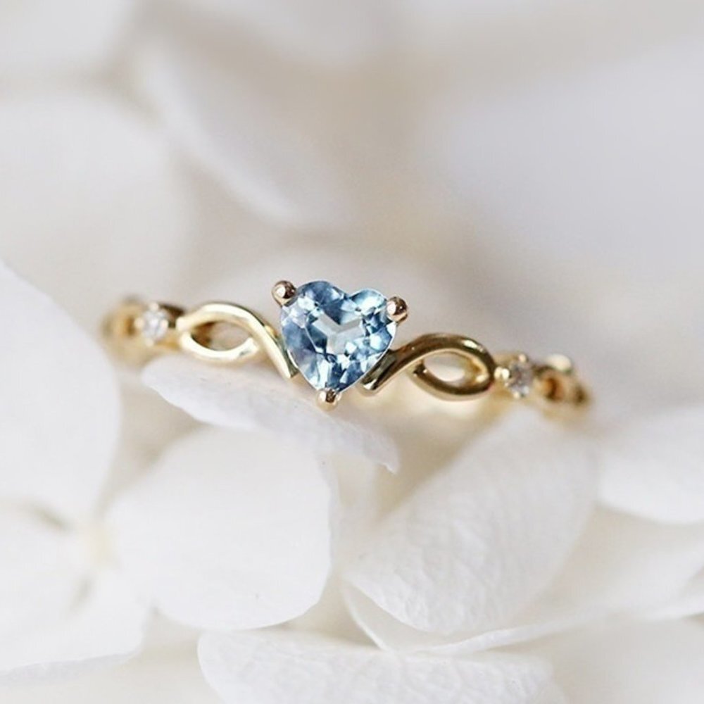 Gold Blue Heart Dainty Anillos Princess Diamond Ring for Women, VIP260
